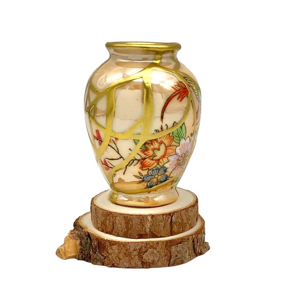 Kintsugi Vase Mini Lusterware Floral Bird Gold Crack Occupied Japan Growth Gift - Picture 5 of 14